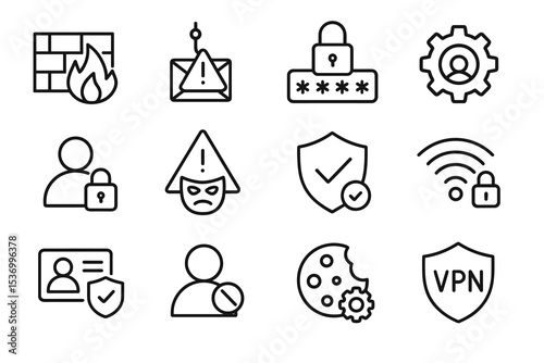 Cybersecurity icons collection including firewall and vpn symbols