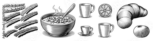 Vector Breakfast assortment featuring bacon cereal pastries and beverages in a vintage engraving style.