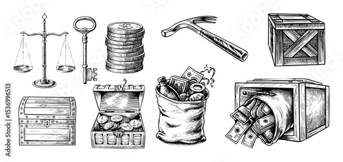 Vector Vintage financial and legal elements featuring scales money and security boxes.