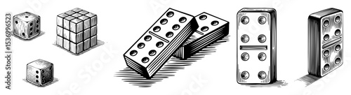 Vector Vintage game pieces including dice and dominoes are arranged in a detailed woodcut style.