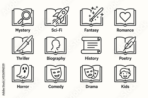 Icons representing mystery, sci-fi, fantasy, romance, and more genres