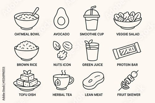 Healthy food icons: oatmeal, avocado, smoothie, salad, brown rice, nuts, juice, protein bar, tofu, tea, meat, skewer