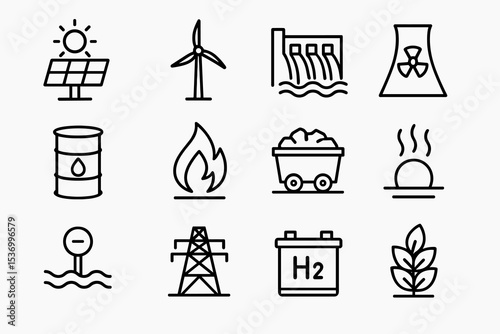 Energy icons: solar, wind, hydroelectric, nuclear, fossil fuels, biomass, geothermal, tidal, hydrogen