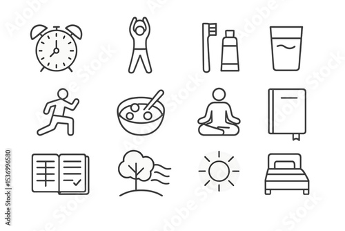 Daily routine outline icons: exercise, breakfast, yoga, and more