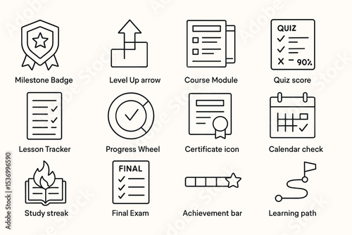 Education icons: achievement, progress, and learning tools set