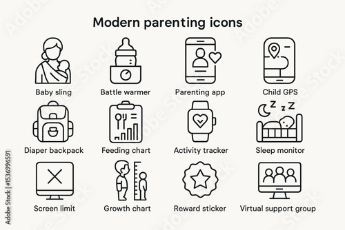 Modern parenting icons: baby sling, feeding chart, sleep monitor, screen limit, activity tracker