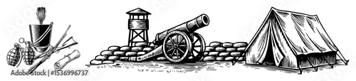 Vector Vintage military camp features a cannon tent and soldier.