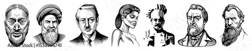 Vector Diverse group of stylized portrait illustrations in a vintage engraving style.
