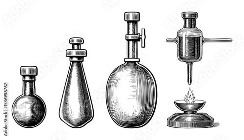 Vector Vintage laboratory glassware collection showcases diverse flask designs.