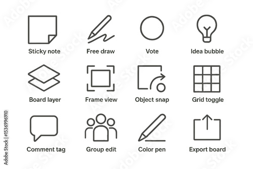 Icon set for digital tools with features like sticky note, free draw, and vote