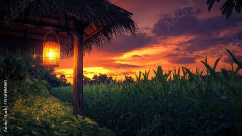 Tropical sunset, dramatic sky, vibrant colors, lush jungle foliage, thatched roof hut, lantern lighting, cinematic, highly detailed, photorealistic
