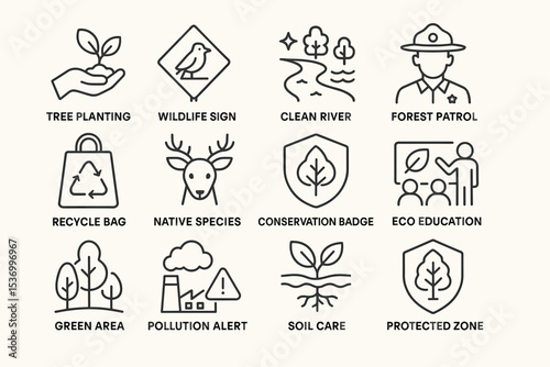 Environmental icons illustrating conservation and sustainability concepts