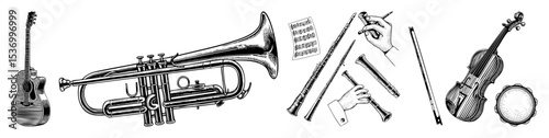Vector Collection of vintage musical instruments including guitar trumpet flute and violin.