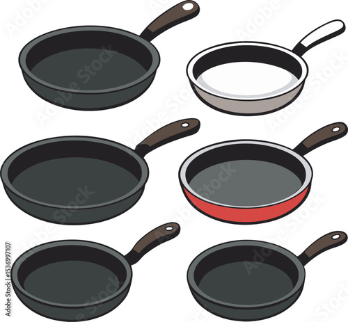 A collection of stylized illustrations featuring various cooking pans and pots, depicted from different angles and with a clean, minimalist aesthetic