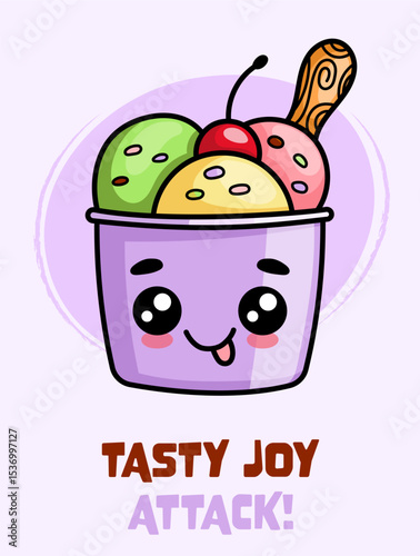 Ice cream cute kawaii character poster. Smiling dessert with big eyes and sweet expression. Greeting card template.