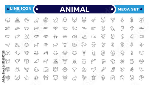 Animal Outline icon collection. Set of black animal Icon. Animal icons. Mammal, fish, insects, birds, reptiles silhouette collection. Wild, domestic animals. Editable stroke outline icon.
