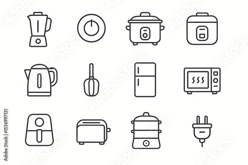 Line art kitchen appliance set: blender, kettle, microwave, toaster, air fryer, timer
