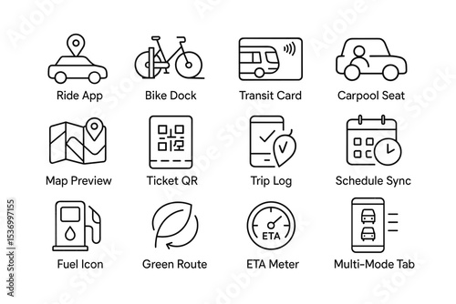 Transportation icons: ride app, bike dock, transit card, carpool seat, map preview