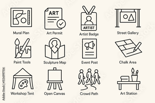 Urban art workshop icons including mural plan, art permit, and artist badge in line style
