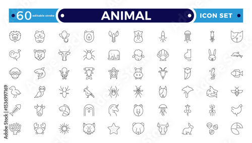 Animal Outline icon collection. Set of black animal Icon. Animal icons. Mammal, fish, insects, birds, reptiles silhouette collection. Wild, domestic animals. Editable stroke outline icon.
