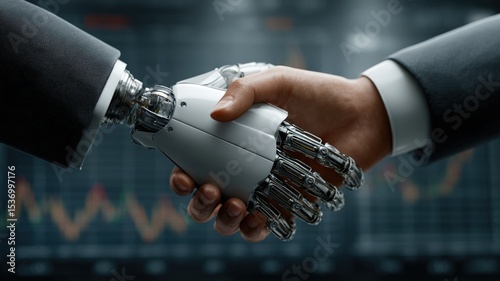 Photorealistic image of a human hand shaking hands with a robotic hand, in front of a stock market display.