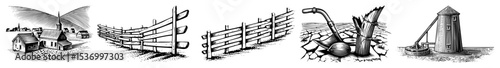 Vector Vintage illustrations depict a windmill signposts a fence a Viking ship and a lighthouse.