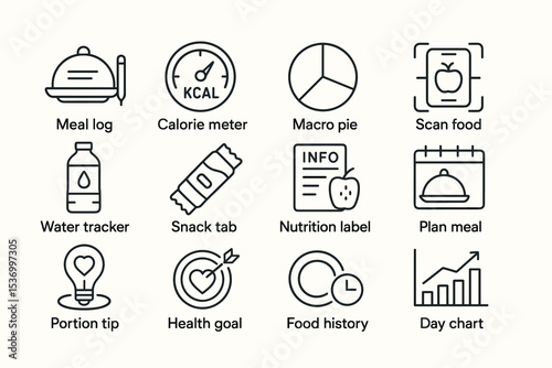 Nutrition and diet icons: meal logs, calorie tracking, and health goals