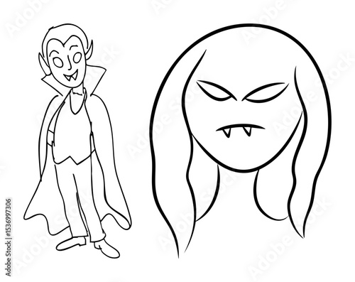 Vector Cartoon vampire characters with fangs and capes in outline style.