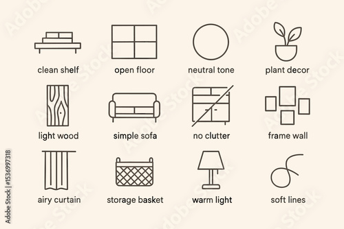 Minimalist interior design elements: furniture, warm lighting, and simple decor icons