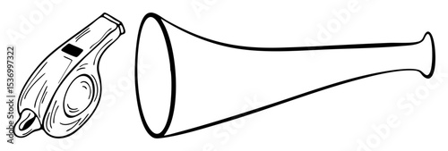 Vector Referee whistle and vuvuzela in black and white.