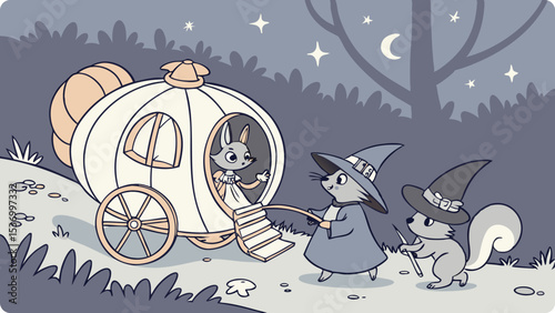 A cute bunny sits in a pumpkin carriage while two witches watch nearby under a starry night sky