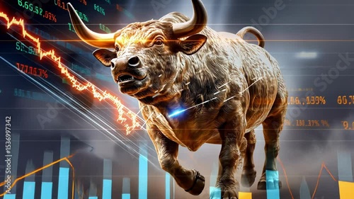 Dynamic bull market surge with financial data and complex graphical overlay