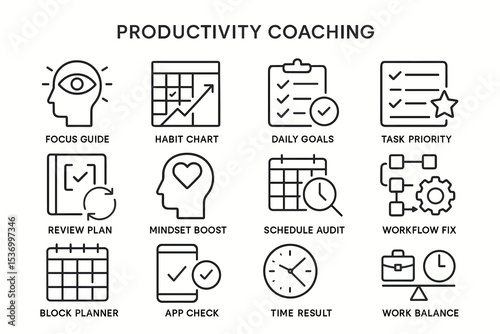 Productivity coaching icons: focus, habits, goals, planning, workflow