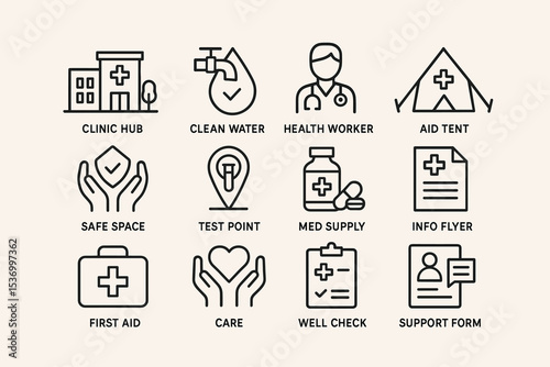 Healthcare and emergency aid icons set: clinic, water, health worker, first aid, support