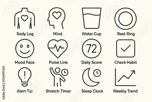 Wellness app icons: body log, mind, water cup, rest ring, mood face, pulse line, daily score