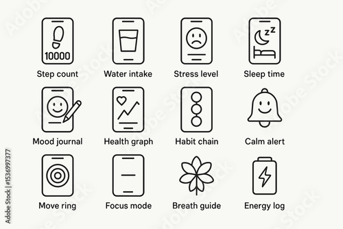 Wellness app icons: step count, water intake, stress level, sleep time, mood journal, more