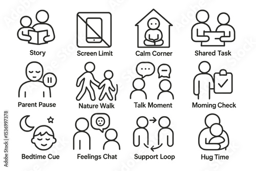 Illustrated icons representing positive parenting concepts and activities