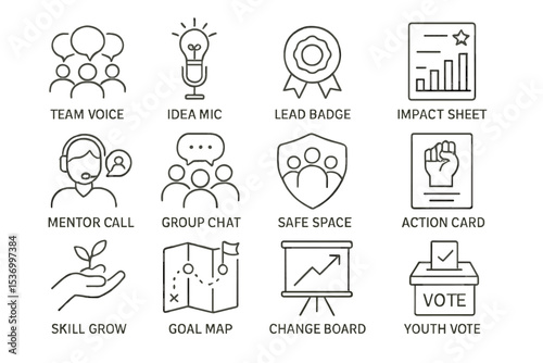 Team collaboration icons: communication tools for skill growth and action