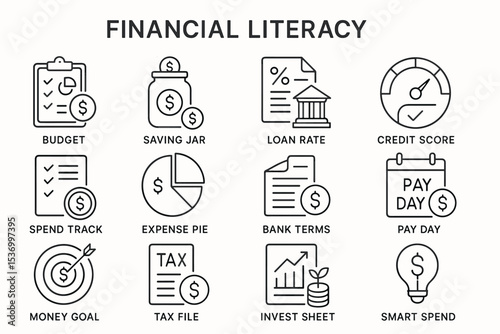 Financial literacy icons: budget, savings, loans, and smart spending
