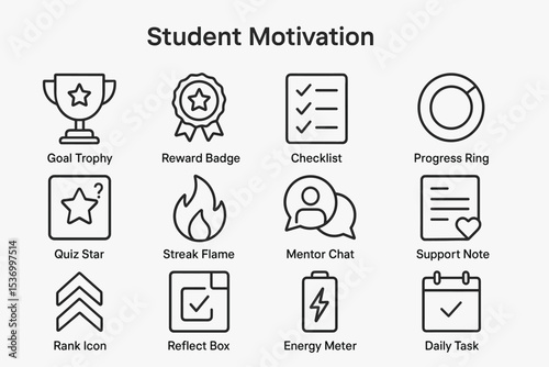 Student motivation icons: goal trophy, checklist, mentor chat, support note, quiz star