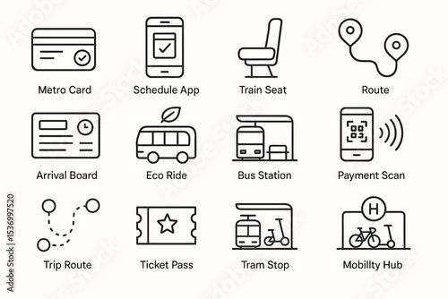Public transport icons: metro card, eco ride, payment scan, mobility hub, route navigation