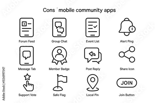 Icons for community apps: forum, chat, events, alerts, and more