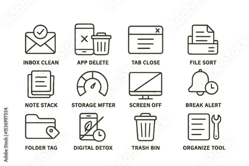 Digital organization icons: inbox, app management, file sorting, and productivity tools
