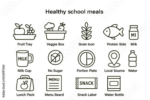 Healthy school meals icons featuring fruits, veggies, and grains