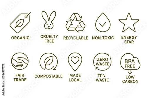 Sustainability icons: organic, cruelty-free, recyclable, non-toxic, energy star