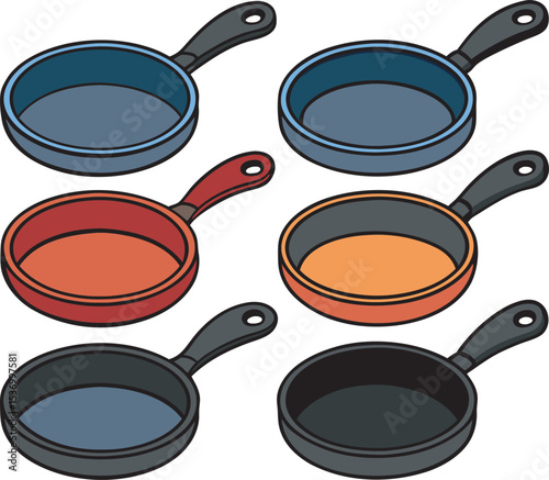 A collection of stylized illustrations featuring various cooking pans and pots, depicted from different angles and with a clean, minimalist aesthetic