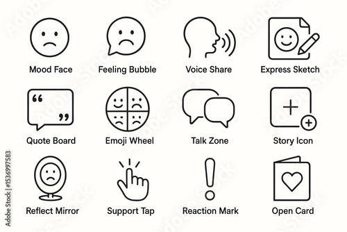Expressive communication icons: face, bubble, voice, sketch, quote