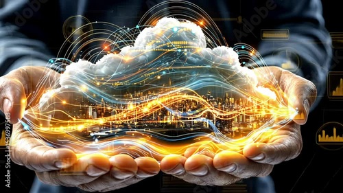 Dynamic visualization of data innovation and technology in hands with futuristic interface