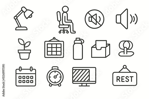 Office essentials icons: lamp, desk, mute, plant, calendar, timer, monitor, rest sign