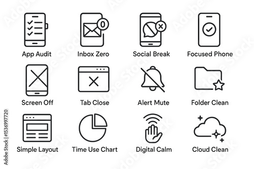 Digital organization icons set for app, inbox, and screen management